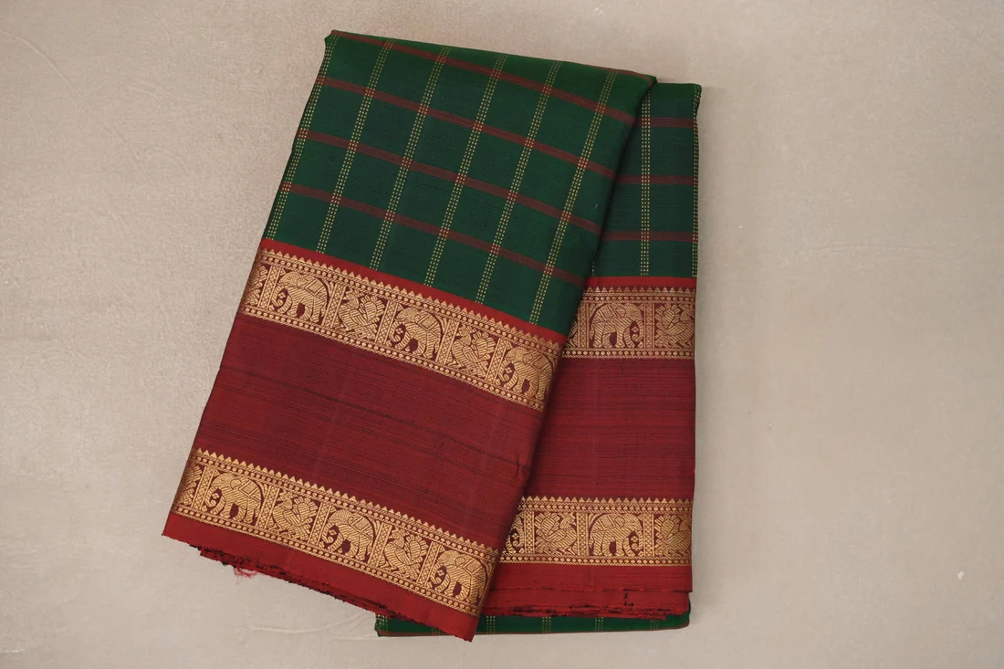 Deep Bottle Green Kanjivaram Silk Saree with Maroon Rettai Pettu Border