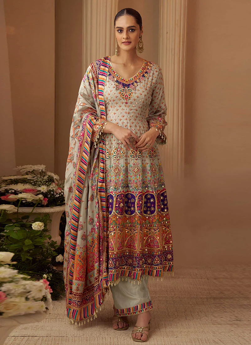 Light Grey Crepe Silk Gota Aari Embroidered Palazzo Suit