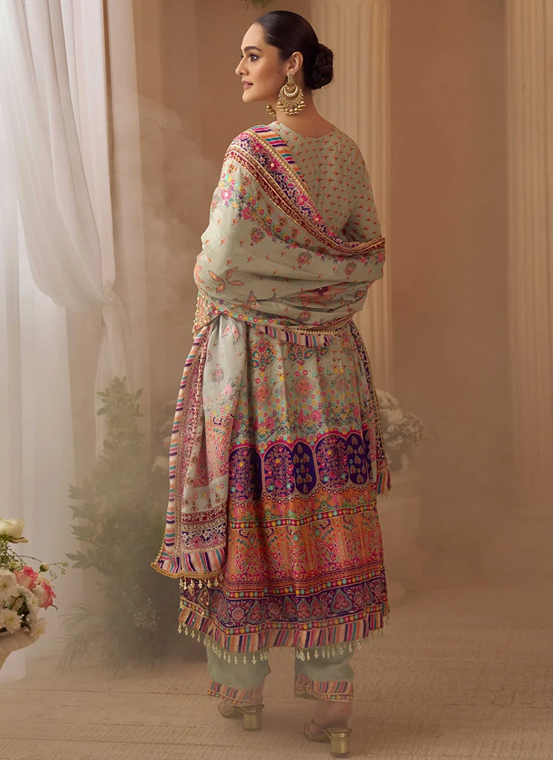 Light Grey Crepe Silk Gota Aari Embroidered Palazzo Suit - Image 2