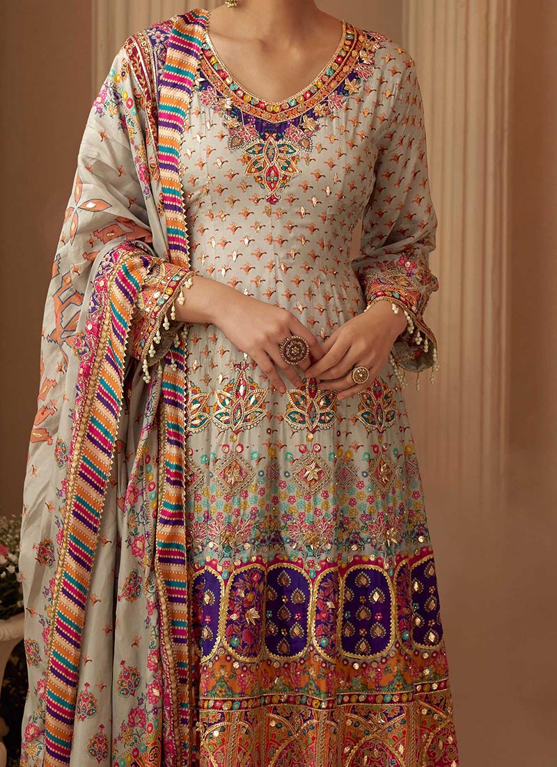 Light Grey Crepe Silk Gota Aari Embroidered Palazzo Suit - Image 3