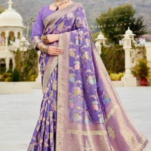 Purple Viscose Silk Wedding Function Zarkan Work Saree