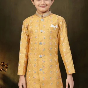 Kids Wear Mustard Jacquard Indo Western- 5Y